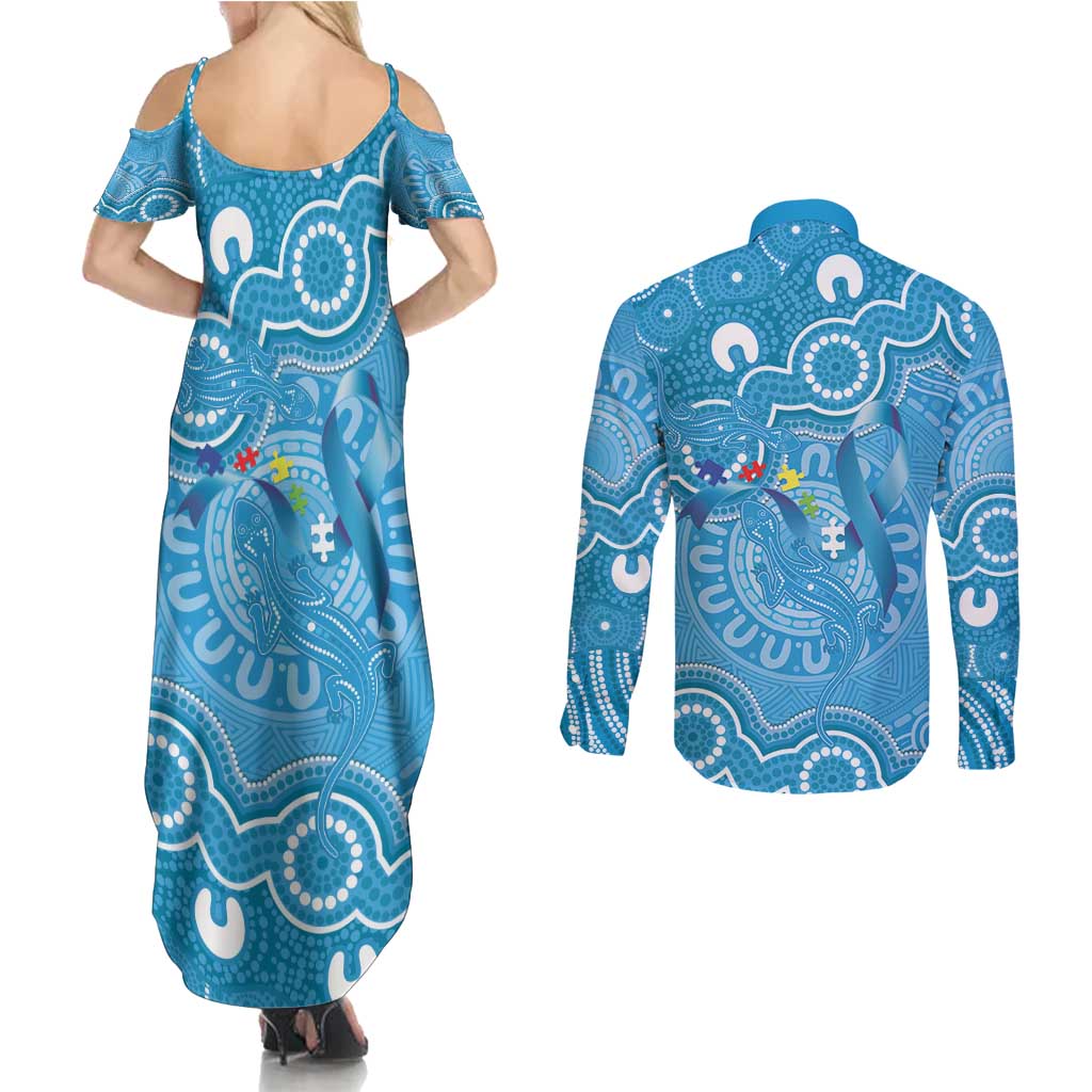 Australia Indigenous Couples Matching Summer Maxi Dress and Long Sleeve Button Shirt Blue Ribbon Lizards Autism Awareness - Aussie Hoodie