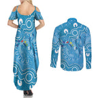 Australia Indigenous Couples Matching Summer Maxi Dress and Long Sleeve Button Shirt Blue Ribbon Lizards Autism Awareness - Aussie Hoodie