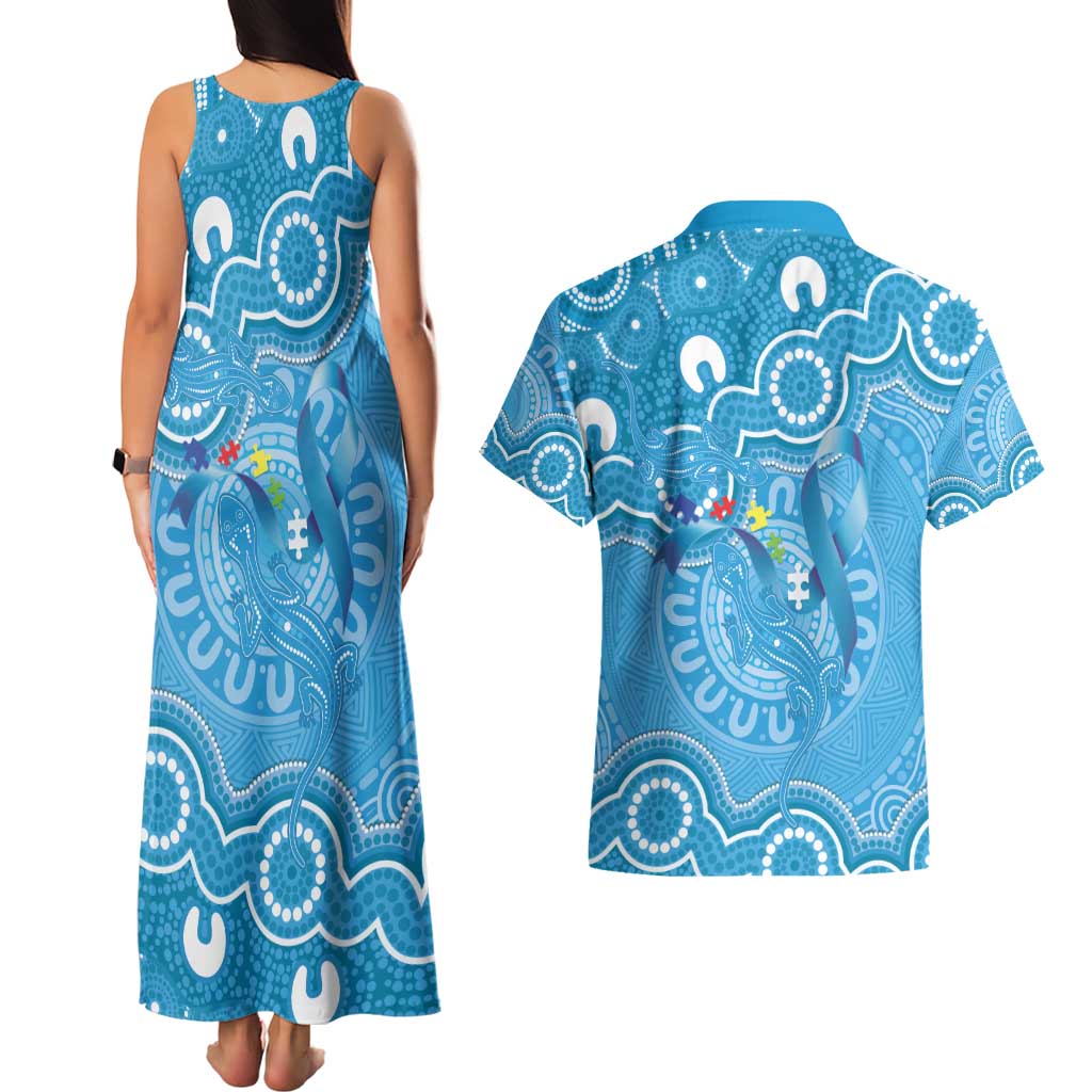Australia Indigenous Couples Matching Tank Maxi Dress and Hawaiian Shirt Blue Ribbon Lizards Autism Awareness - Aussie Hoodie