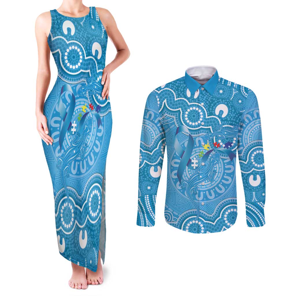 Australia Indigenous Couples Matching Tank Maxi Dress and Long Sleeve Button Shirt Blue Ribbon Lizards Autism Awareness - Aussie Hoodie