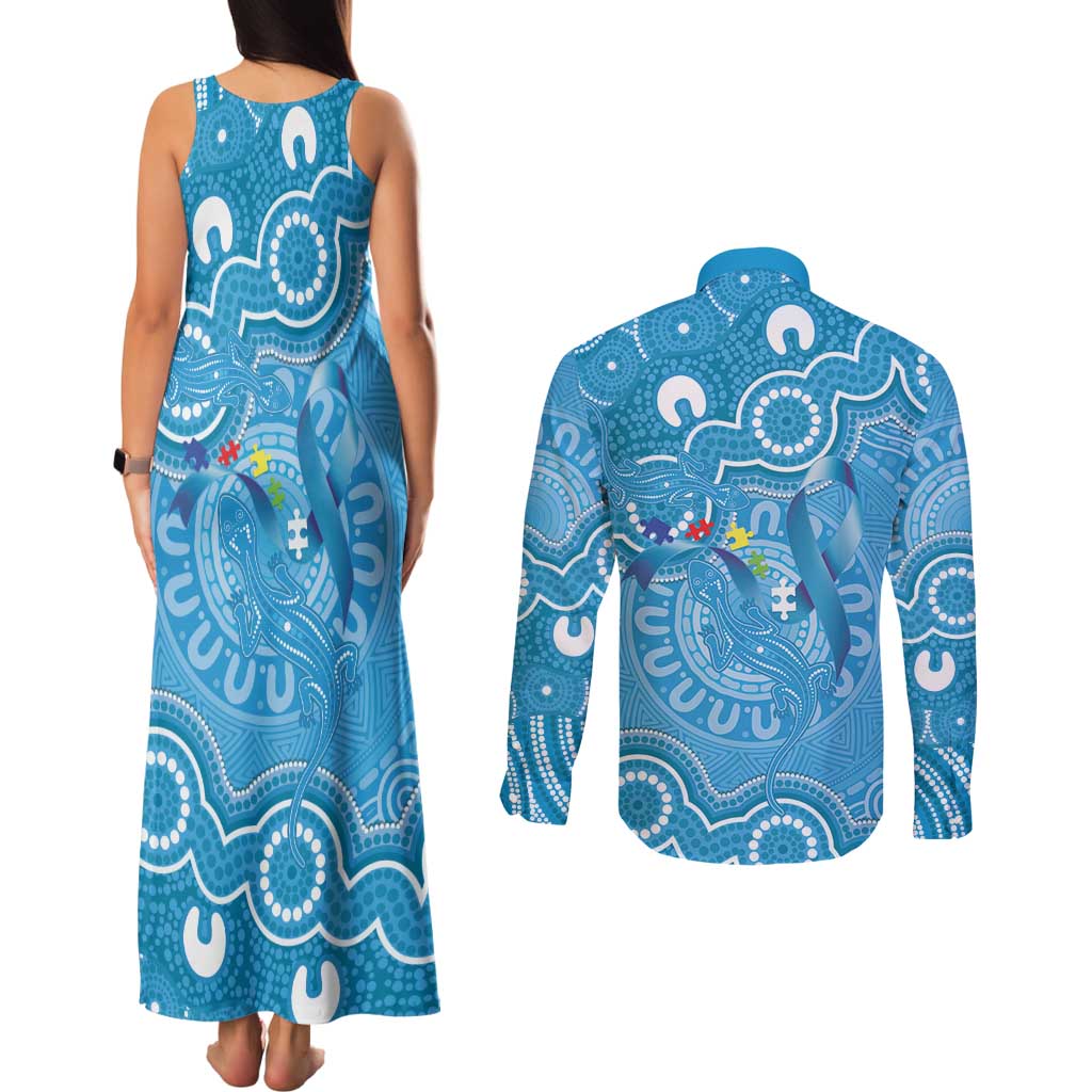 Australia Indigenous Couples Matching Tank Maxi Dress and Long Sleeve Button Shirt Blue Ribbon Lizards Autism Awareness - Aussie Hoodie