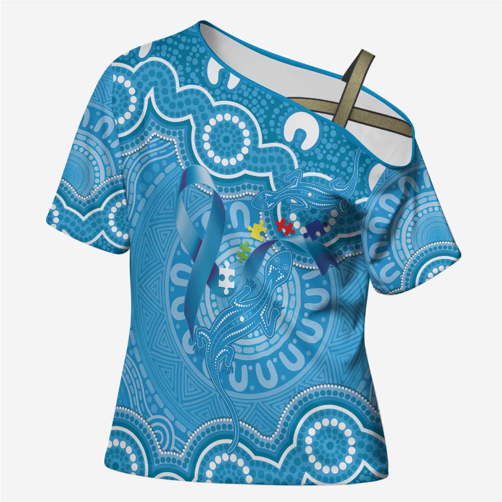 Australia Indigenous Cross Shoulder Shirt Blue Ribbon Lizards Autism Awareness - Aussie Hoodie