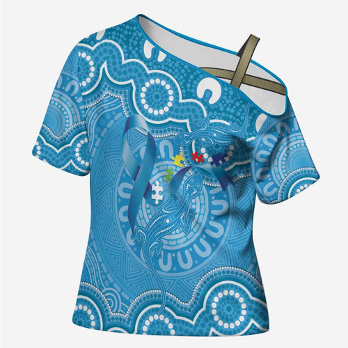 Australia Indigenous Cross Shoulder Shirt Blue Ribbon Lizards Autism Awareness - Aussie Hoodie