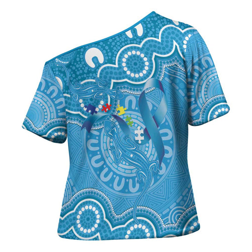 Australia Indigenous Cross Shoulder Shirt Blue Ribbon Lizards Autism Awareness - Aussie Hoodie