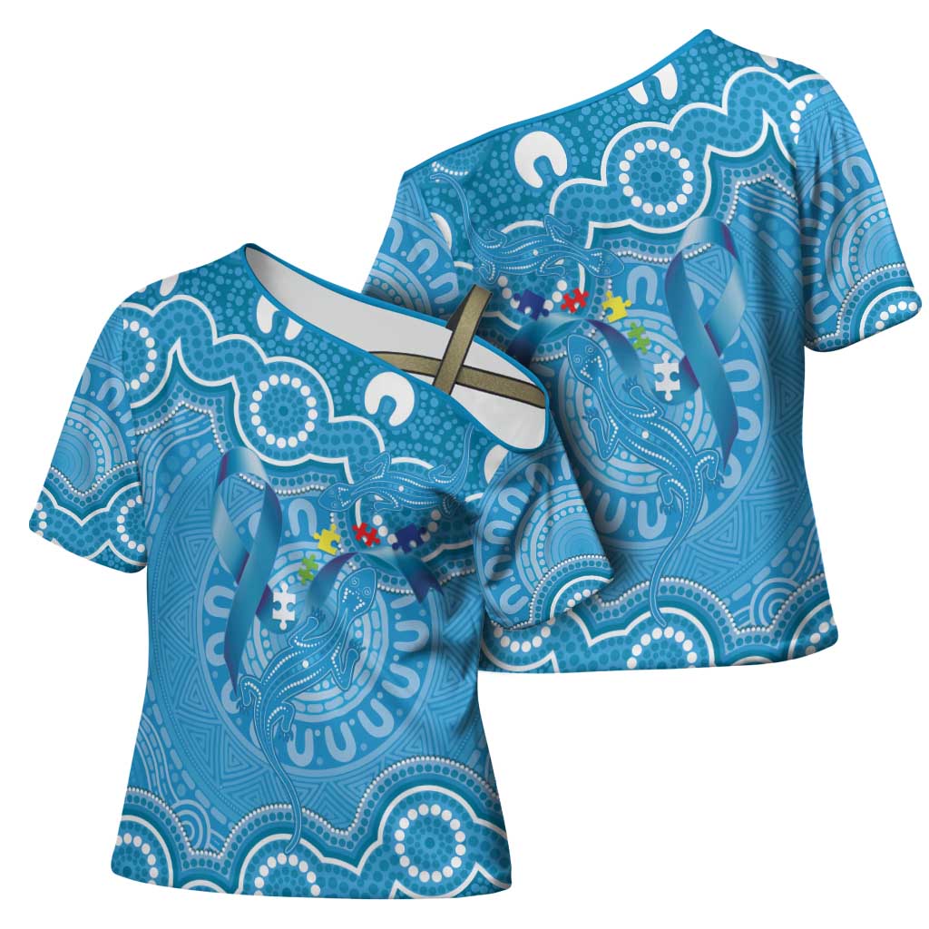 Australia Indigenous Cross Shoulder Shirt Blue Ribbon Lizards Autism Awareness - Aussie Hoodie