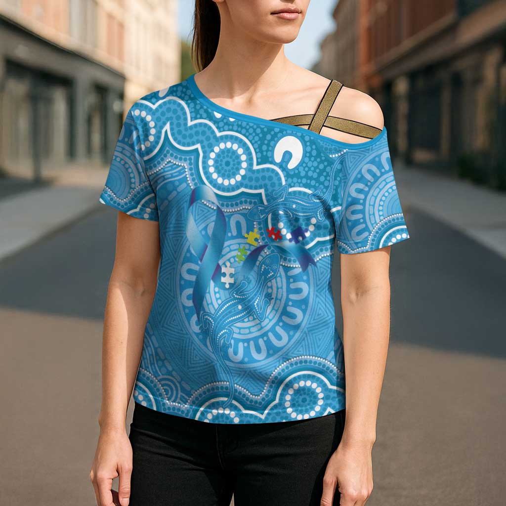 Australia Indigenous Cross Shoulder Shirt Blue Ribbon Lizards Autism Awareness - Aussie Hoodie