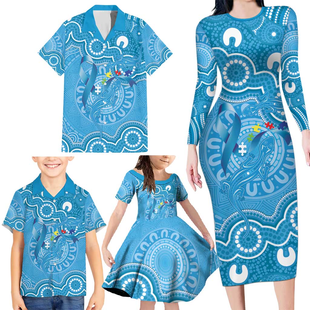 Australia Indigenous Family Matching Long Sleeve Bodycon Dress and Hawaiian Shirt Blue Ribbon Lizards Autism Awareness - Aussie Hoodie