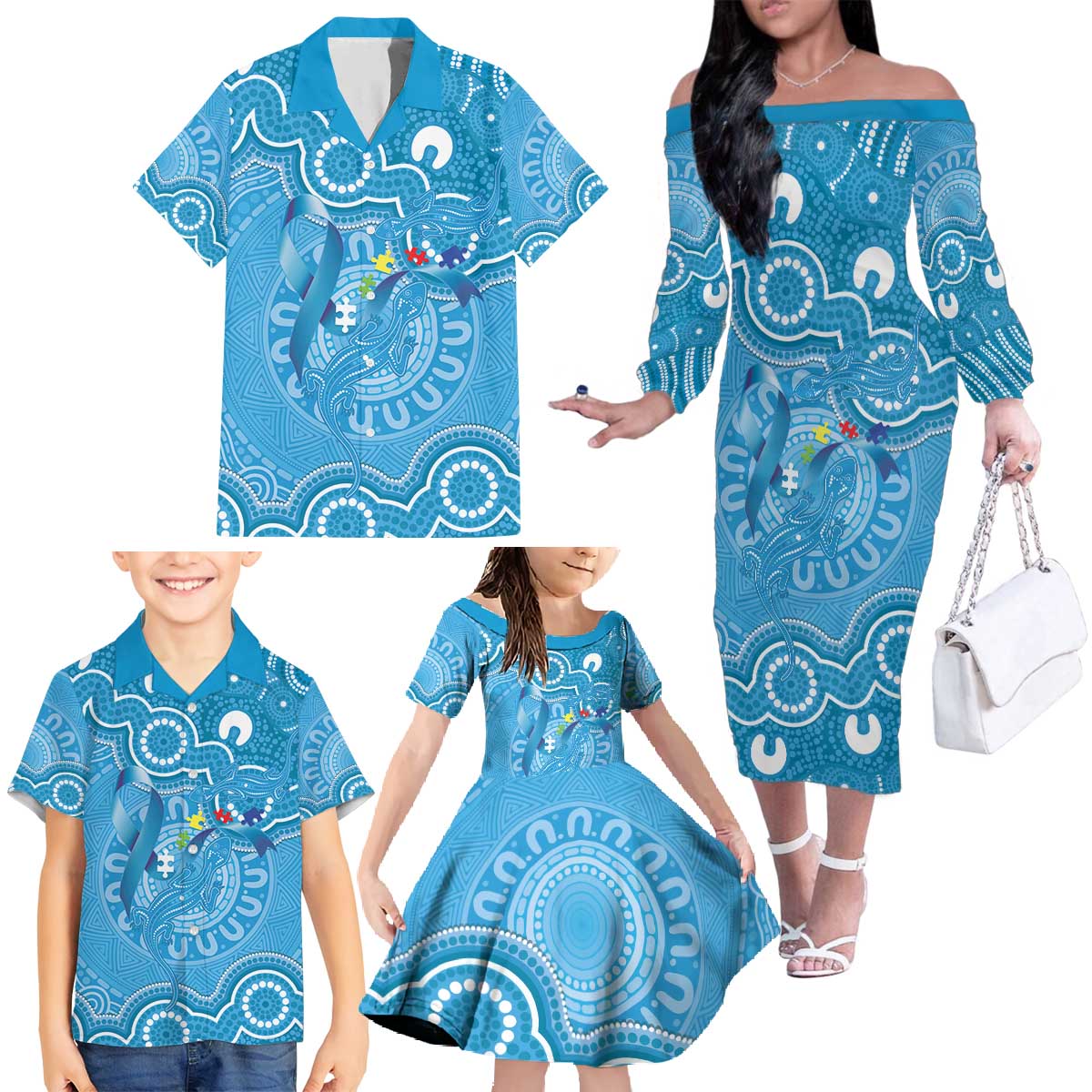 Australia Indigenous Family Matching Off The Shoulder Long Sleeve Dress and Hawaiian Shirt Blue Ribbon Lizards Autism Awareness - Aussie Hoodie