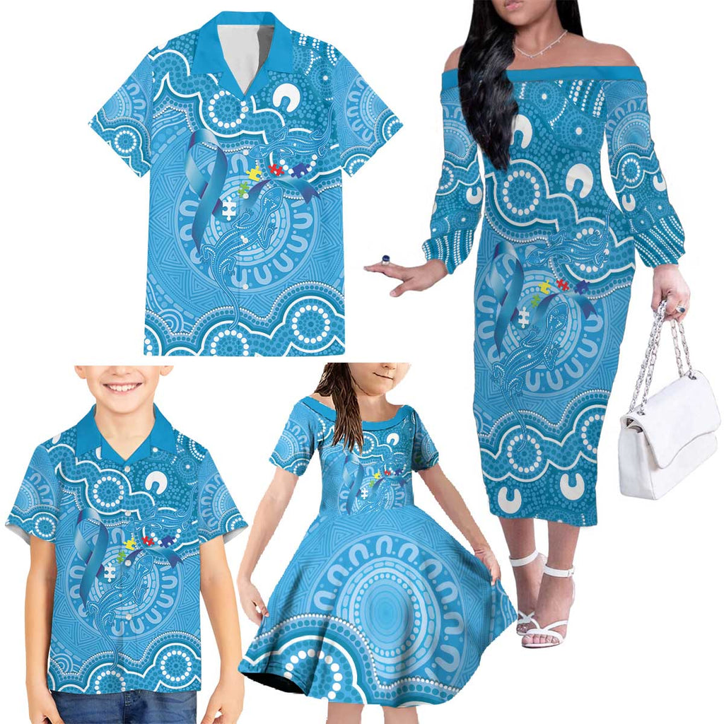 Australia Indigenous Family Matching Off The Shoulder Long Sleeve Dress and Hawaiian Shirt Blue Ribbon Lizards Autism Awareness - Aussie Hoodie