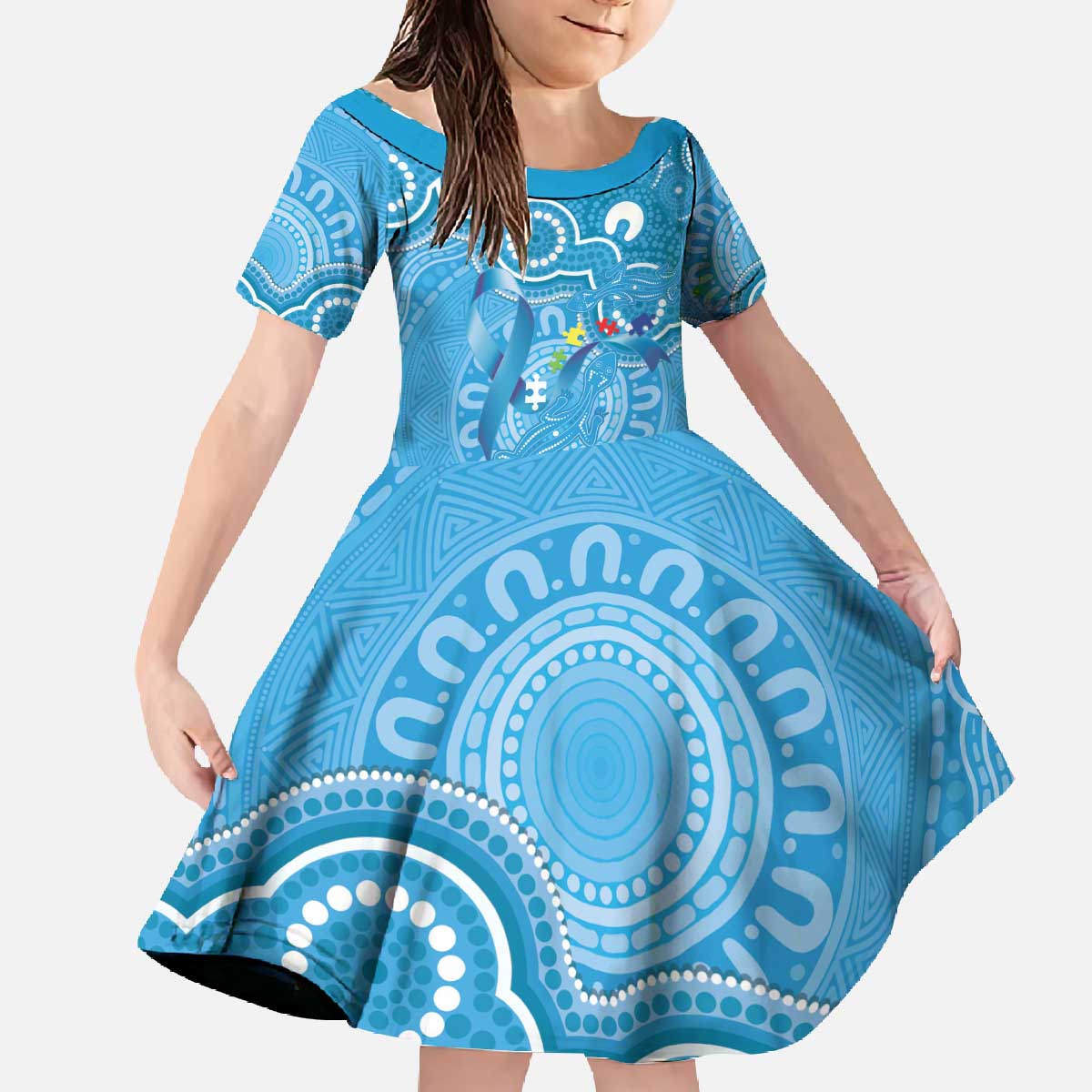 Australia Indigenous Family Matching Off The Shoulder Long Sleeve Dress and Hawaiian Shirt Blue Ribbon Lizards Autism Awareness - Aussie Hoodie