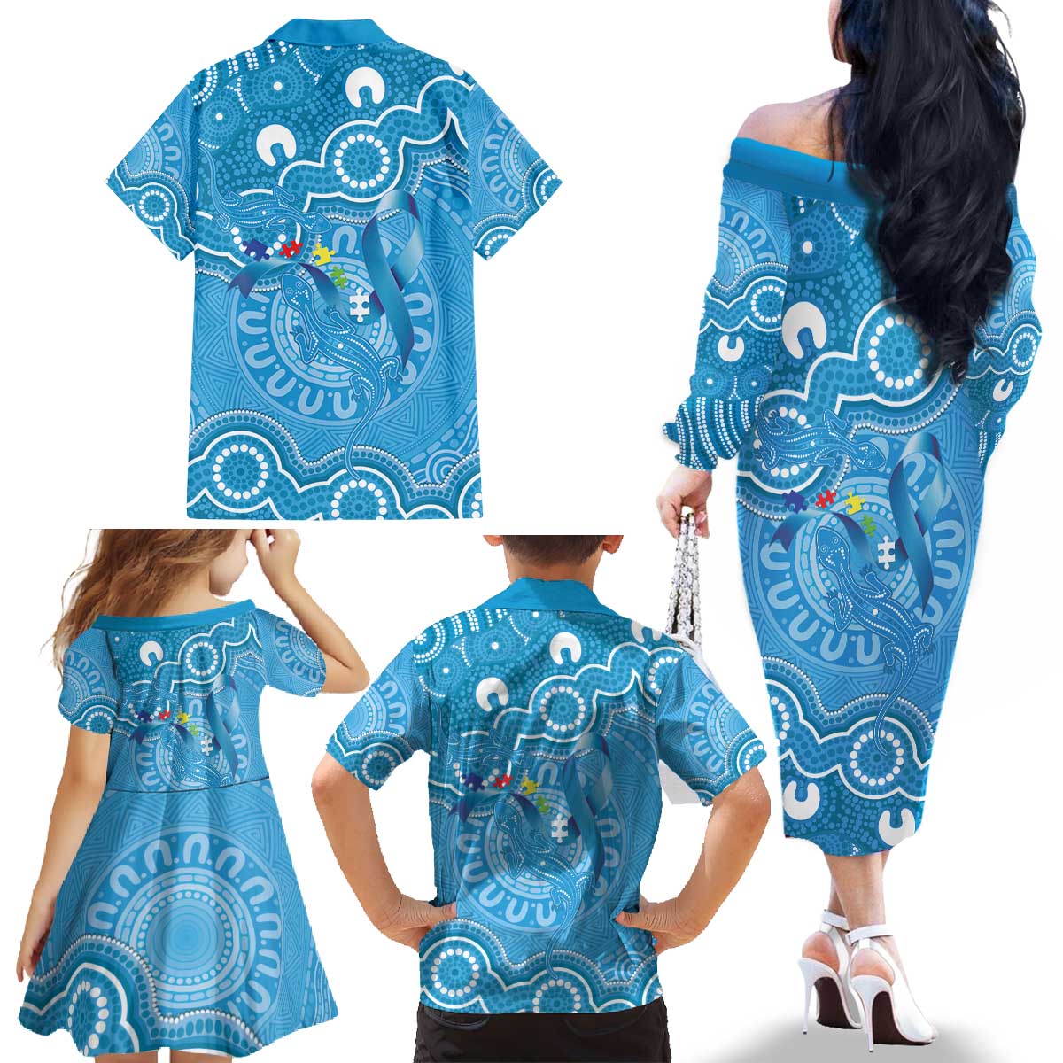 Australia Indigenous Family Matching Off The Shoulder Long Sleeve Dress and Hawaiian Shirt Blue Ribbon Lizards Autism Awareness - Aussie Hoodie