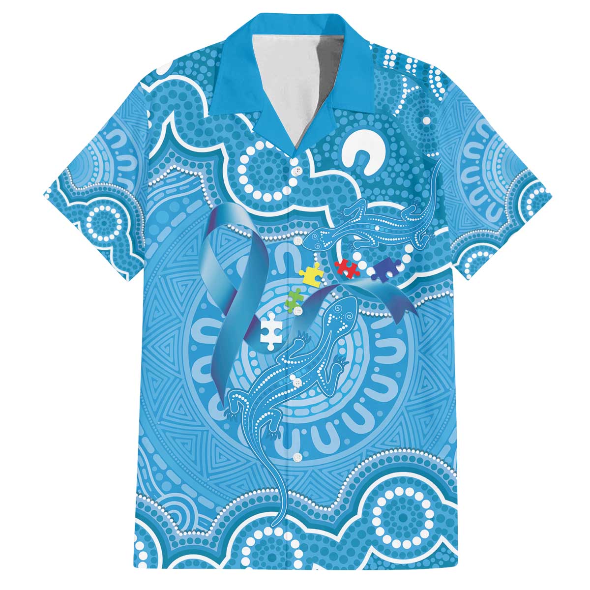 Australia Indigenous Family Matching Off The Shoulder Long Sleeve Dress and Hawaiian Shirt Blue Ribbon Lizards Autism Awareness - Aussie Hoodie