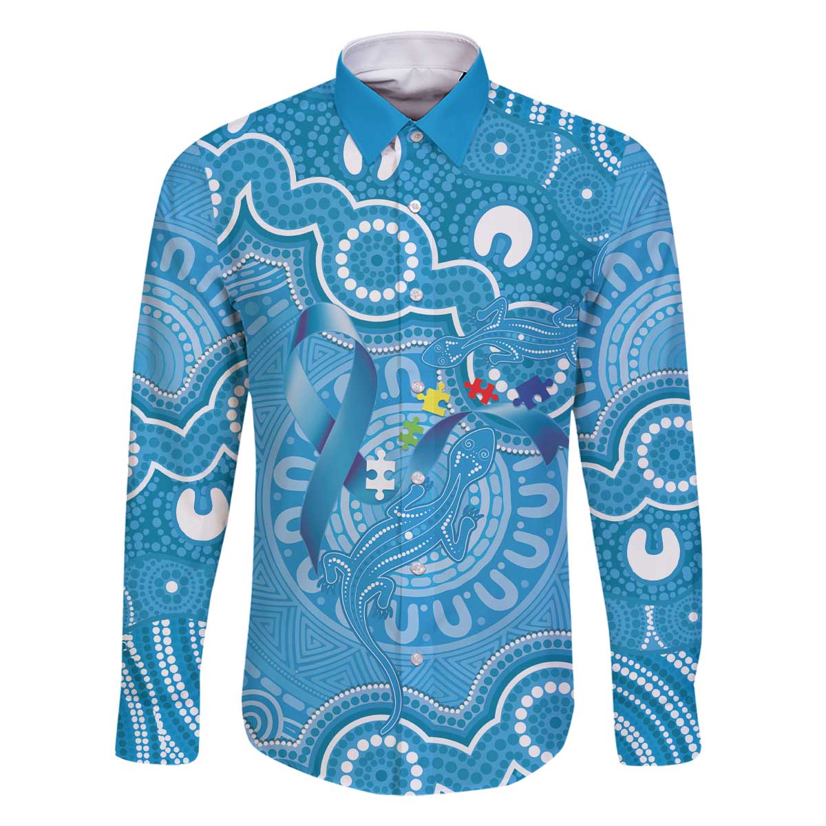 Australia Indigenous Family Matching Off The Shoulder Long Sleeve Dress and Hawaiian Shirt Blue Ribbon Lizards Autism Awareness - Aussie Hoodie