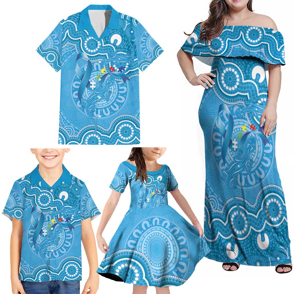Australia Indigenous Family Matching Off Shoulder Maxi Dress and Hawaiian Shirt Blue Ribbon Lizards Autism Awareness - Aussie Hoodie
