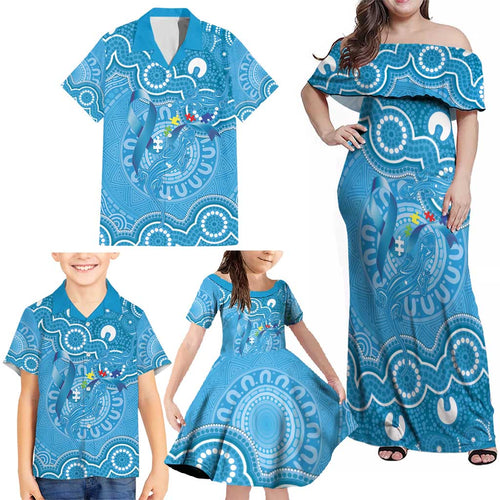 Australia Indigenous Family Matching Off Shoulder Maxi Dress and Hawaiian Shirt Blue Ribbon Lizards Autism Awareness - Aussie Hoodie