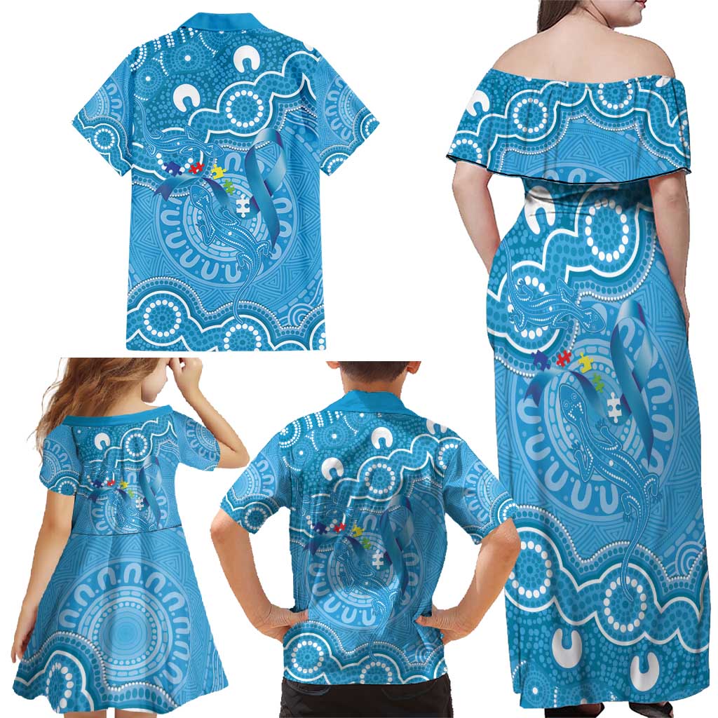 Australia Indigenous Family Matching Off Shoulder Maxi Dress and Hawaiian Shirt Blue Ribbon Lizards Autism Awareness - Aussie Hoodie