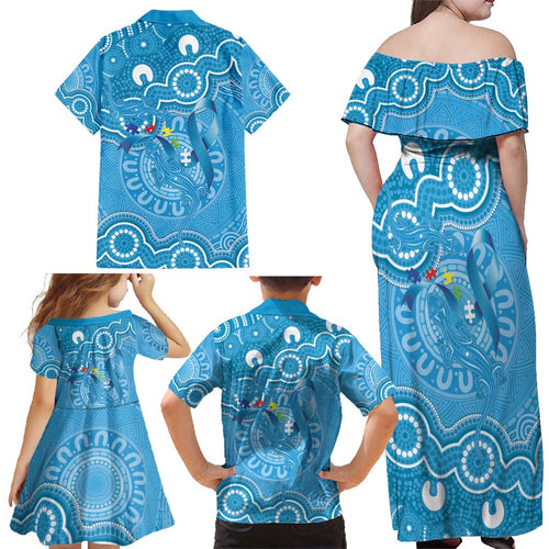 Australia Indigenous Family Matching Off Shoulder Maxi Dress and Hawaiian Shirt Blue Ribbon Lizards Autism Awareness - Aussie Hoodie