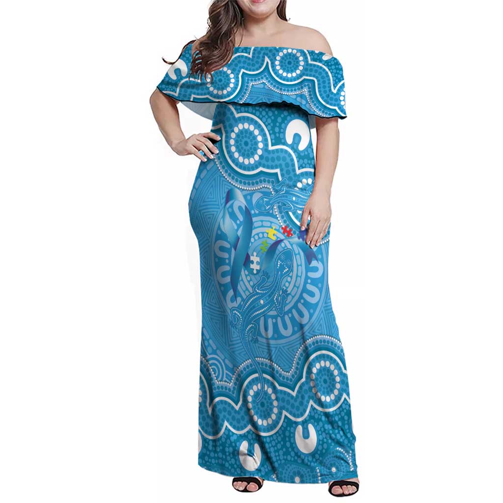 Australia Indigenous Family Matching Off Shoulder Maxi Dress and Hawaiian Shirt Blue Ribbon Lizards Autism Awareness - Aussie Hoodie