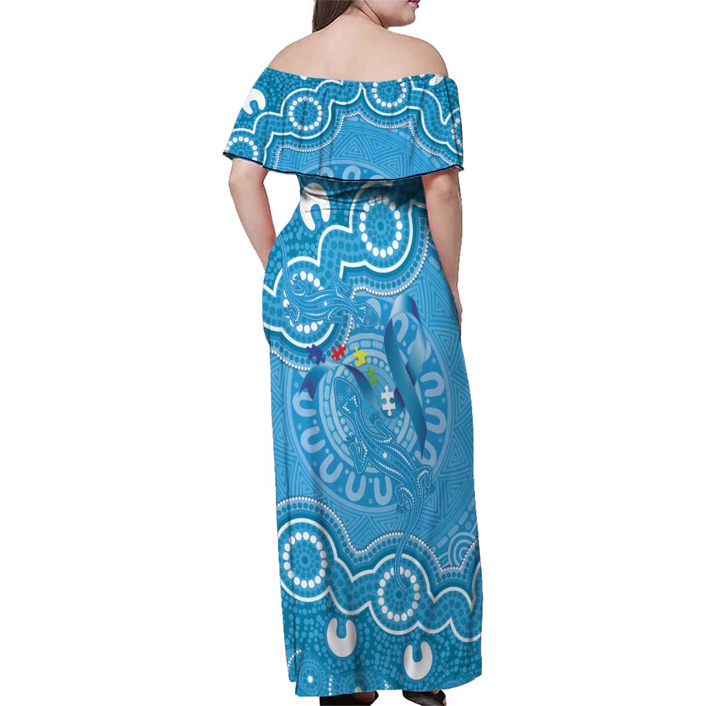 Australia Indigenous Family Matching Off Shoulder Maxi Dress and Hawaiian Shirt Blue Ribbon Lizards Autism Awareness - Aussie Hoodie