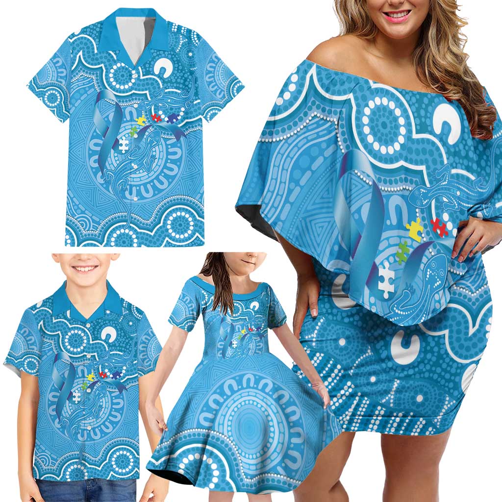 Australia Indigenous Family Matching Off Shoulder Short Dress and Hawaiian Shirt Blue Ribbon Lizards Autism Awareness - Aussie Hoodie