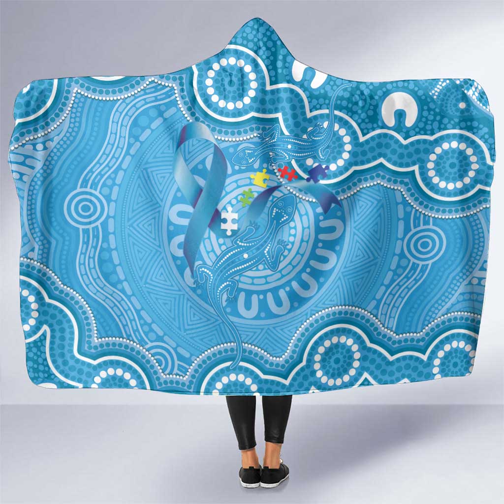 Australia Indigenous Hooded Blanket Blue Ribbon Lizards Autism Awareness - Aussie Hoodie