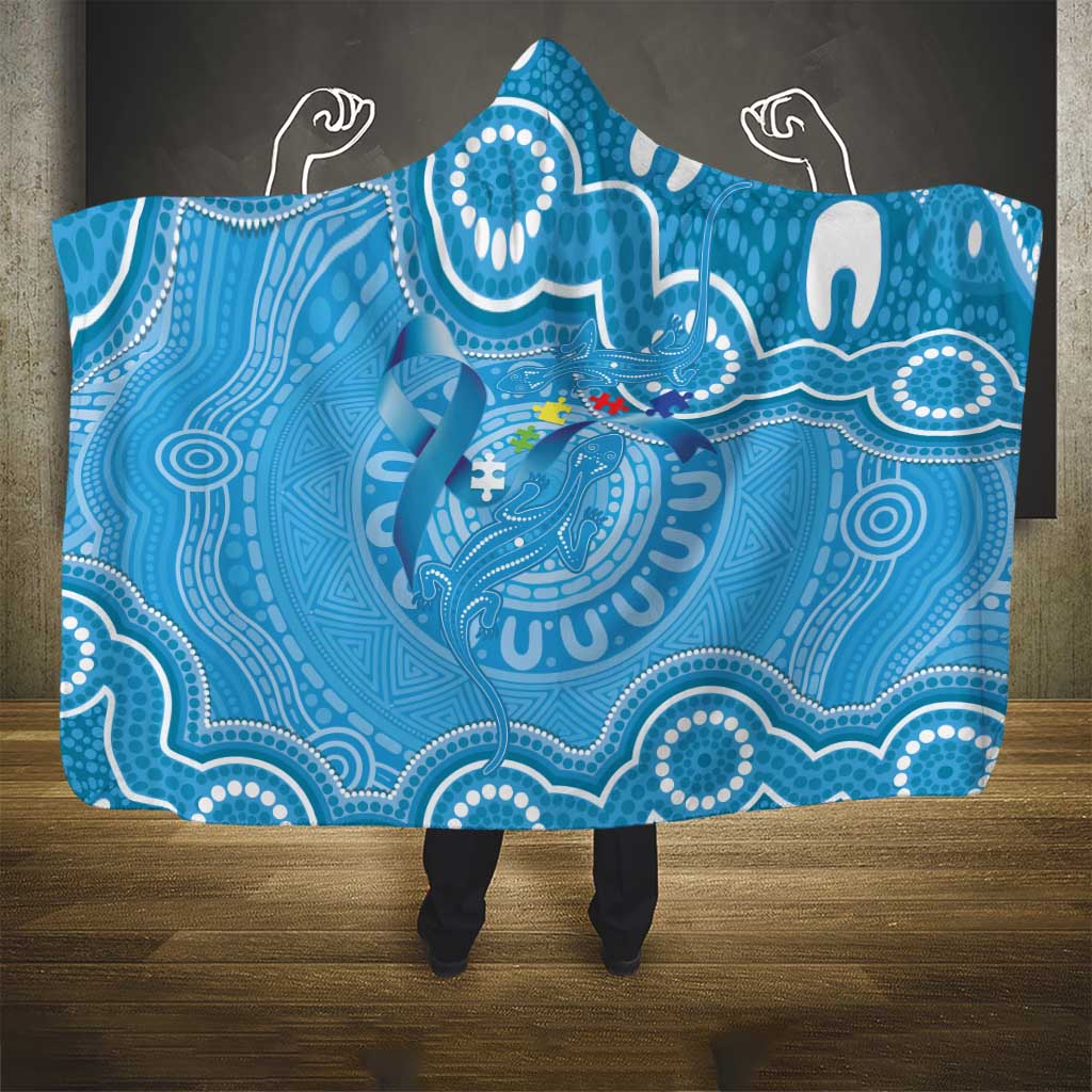 Australia Indigenous Hooded Blanket Blue Ribbon Lizards Autism Awareness - Aussie Hoodie
