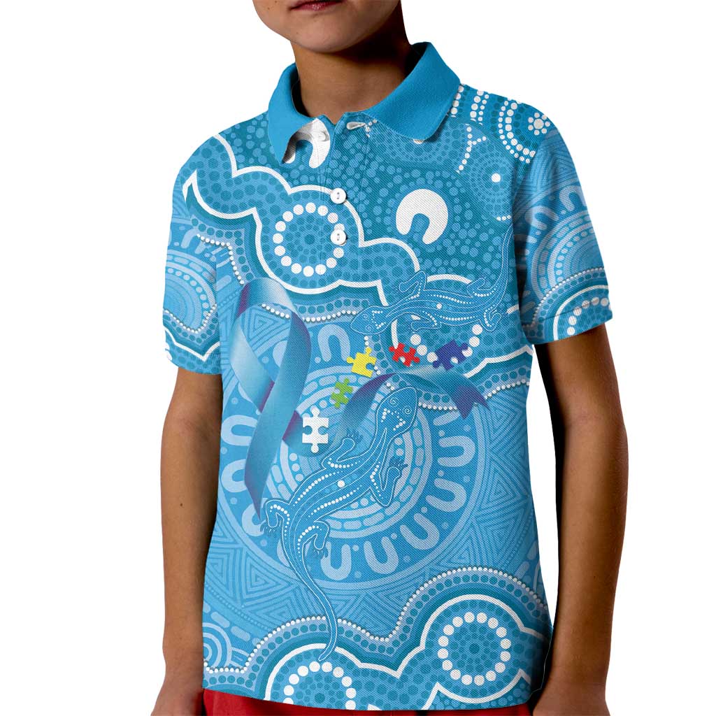 Australia Indigenous Kid Polo Shirt Blue Ribbon Lizards Autism Awareness - Aussie Hoodie