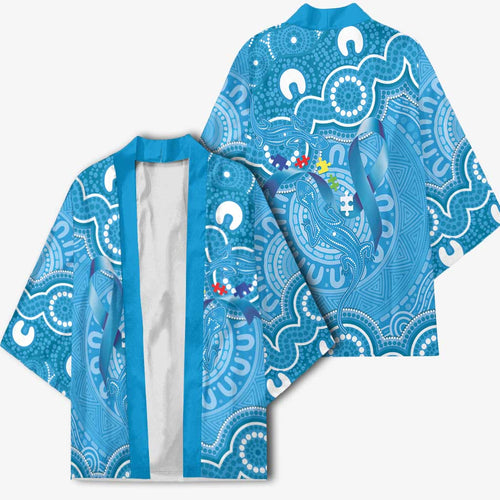 Australia Indigenous Kimono Blue Ribbon Lizards Autism Awareness - Aussie Hoodie