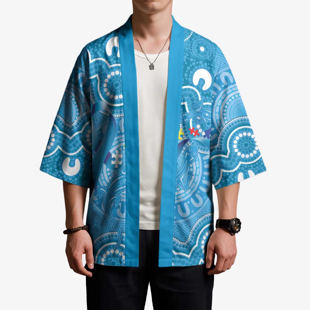 Australia Indigenous Kimono Blue Ribbon Lizards Autism Awareness - Aussie Hoodie