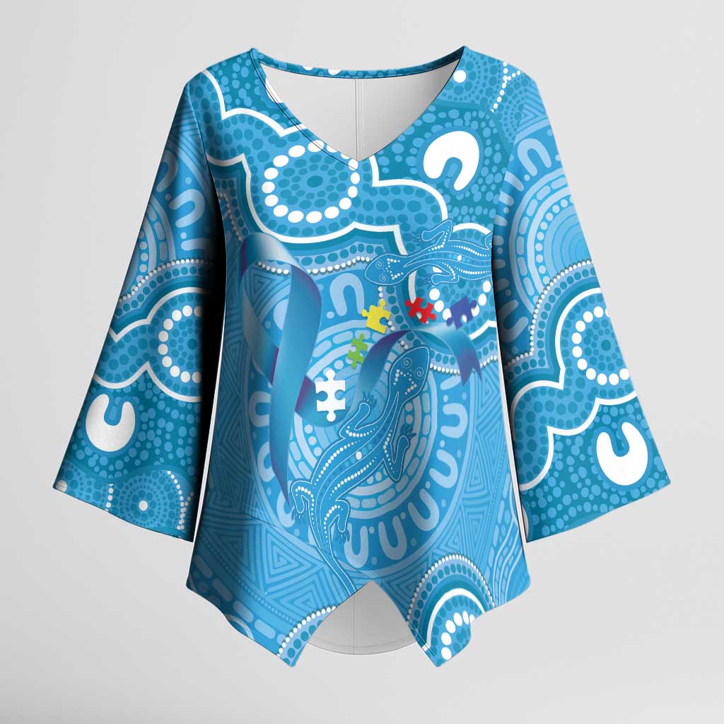 Australia Indigenous Kimono Sleeve Blouse Blue Ribbon Lizards Autism Awareness - Aussie Hoodie