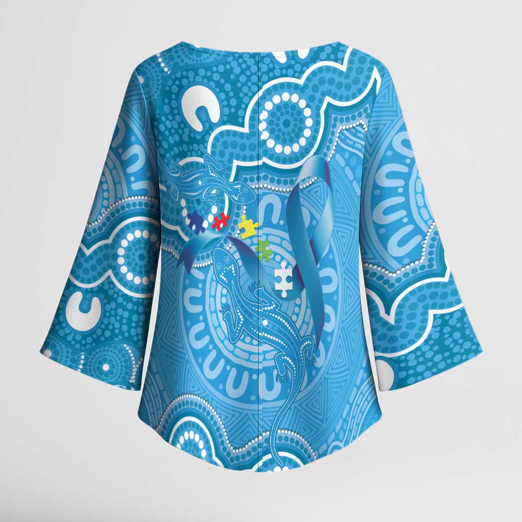 Australia Indigenous Kimono Sleeve Blouse Blue Ribbon Lizards Autism Awareness - Aussie Hoodie