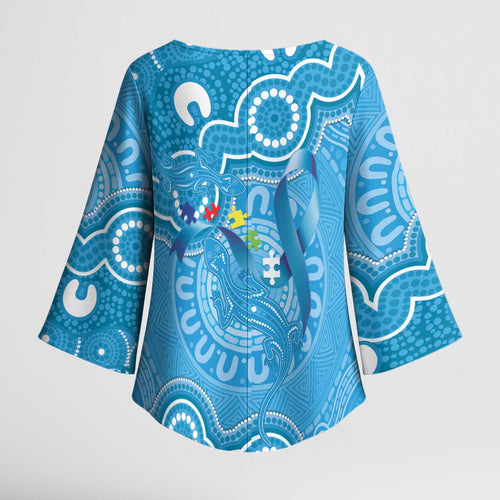 Australia Indigenous Kimono Sleeve Blouse Blue Ribbon Lizards Autism Awareness - Aussie Hoodie