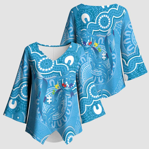 Australia Indigenous Kimono Sleeve Blouse Blue Ribbon Lizards Autism Awareness - Aussie Hoodie