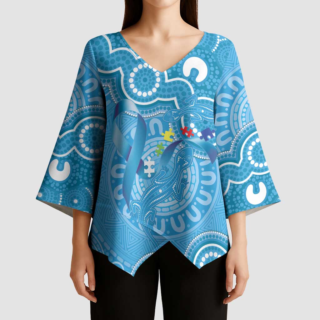 Australia Indigenous Kimono Sleeve Blouse Blue Ribbon Lizards Autism Awareness - Aussie Hoodie