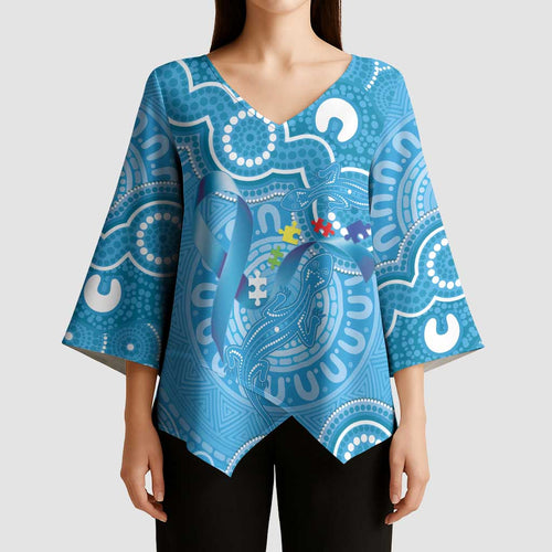 Australia Indigenous Kimono Sleeve Blouse Blue Ribbon Lizards Autism Awareness - Aussie Hoodie