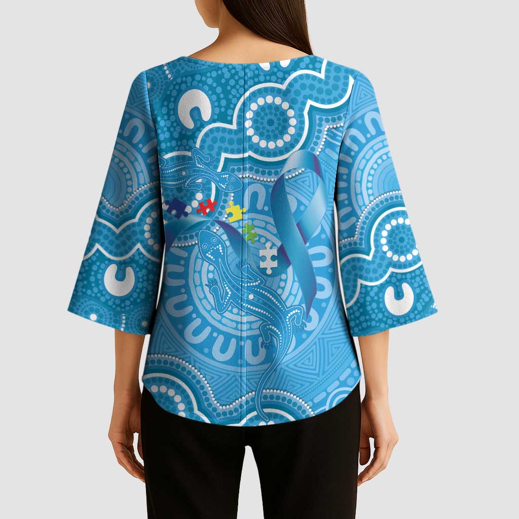 Australia Indigenous Kimono Sleeve Blouse Blue Ribbon Lizards Autism Awareness - Aussie Hoodie