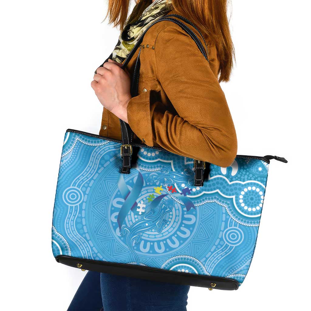 Australia Indigenous Leather Tote Bag Blue Ribbon Lizards Autism Awareness - Aussie Hoodie