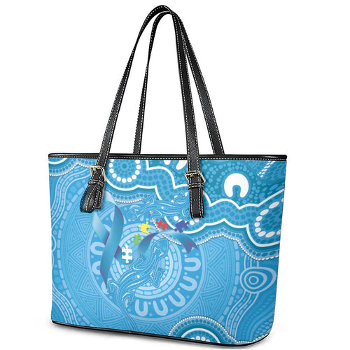 Australia Indigenous Leather Tote Bag Blue Ribbon Lizards Autism Awareness - Aussie Hoodie
