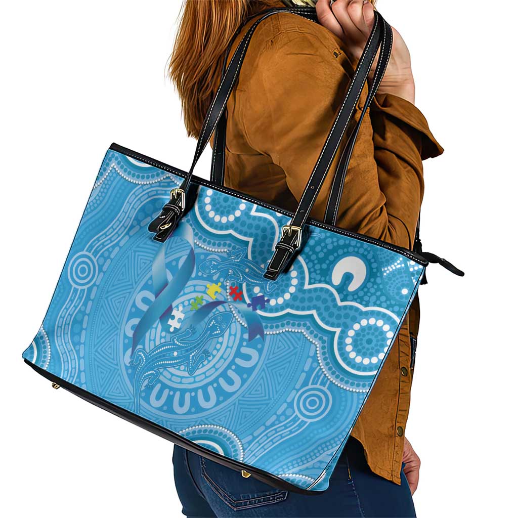 Australia Indigenous Leather Tote Bag Blue Ribbon Lizards Autism Awareness - Aussie Hoodie