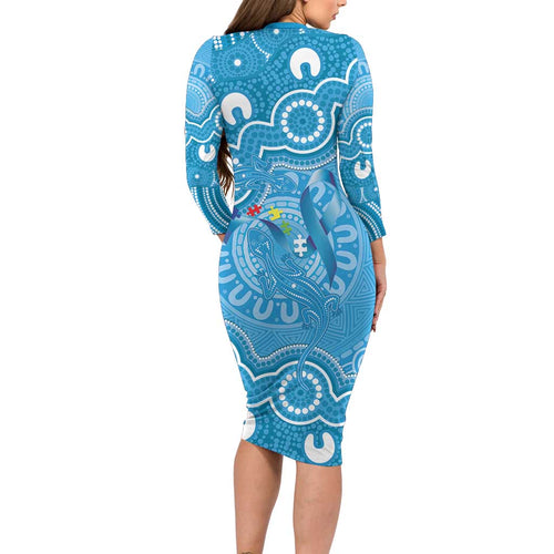 Australia Indigenous Long Sleeve Bodycon Dress Blue Ribbon Lizards Autism Awareness - Aussie Hoodie