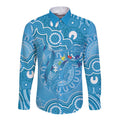 Australia Indigenous Long Sleeve Button Shirt Blue Ribbon Lizards Autism Awareness - Aussie Hoodie