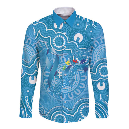 Australia Indigenous Long Sleeve Button Shirt Blue Ribbon Lizards Autism Awareness - Aussie Hoodie