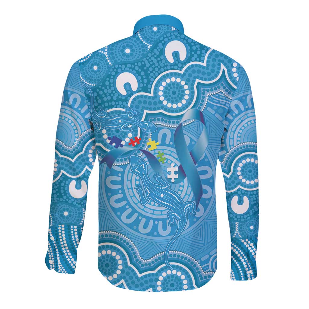 Australia Indigenous Long Sleeve Button Shirt Blue Ribbon Lizards Autism Awareness - Aussie Hoodie