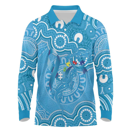 Australia Indigenous Long Sleeve Polo Shirt Blue Ribbon Lizards Autism Awareness - Aussie Hoodie