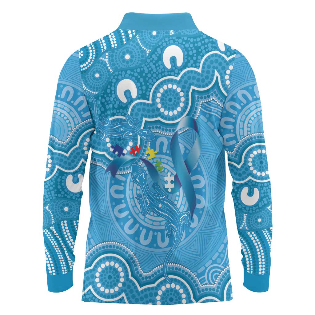 Australia Indigenous Long Sleeve Polo Shirt Blue Ribbon Lizards Autism Awareness - Aussie Hoodie