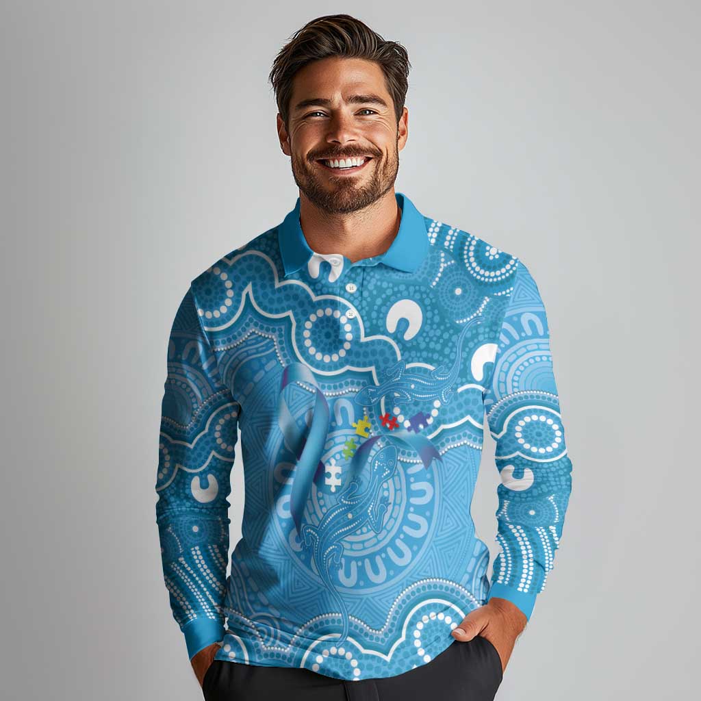 Australia Indigenous Long Sleeve Polo Shirt Blue Ribbon Lizards Autism Awareness - Aussie Hoodie