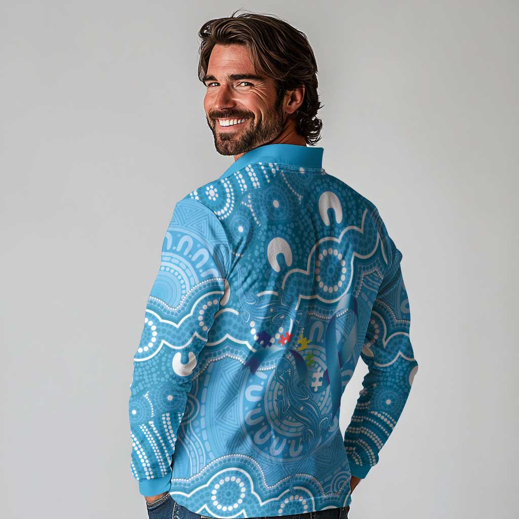Australia Indigenous Long Sleeve Polo Shirt Blue Ribbon Lizards Autism Awareness - Aussie Hoodie