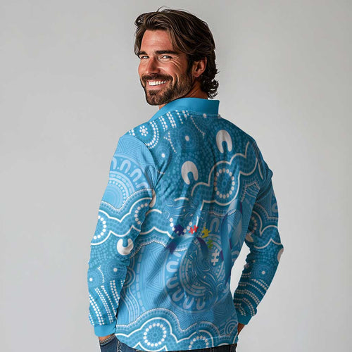 Australia Indigenous Long Sleeve Polo Shirt Blue Ribbon Lizards Autism Awareness - Aussie Hoodie