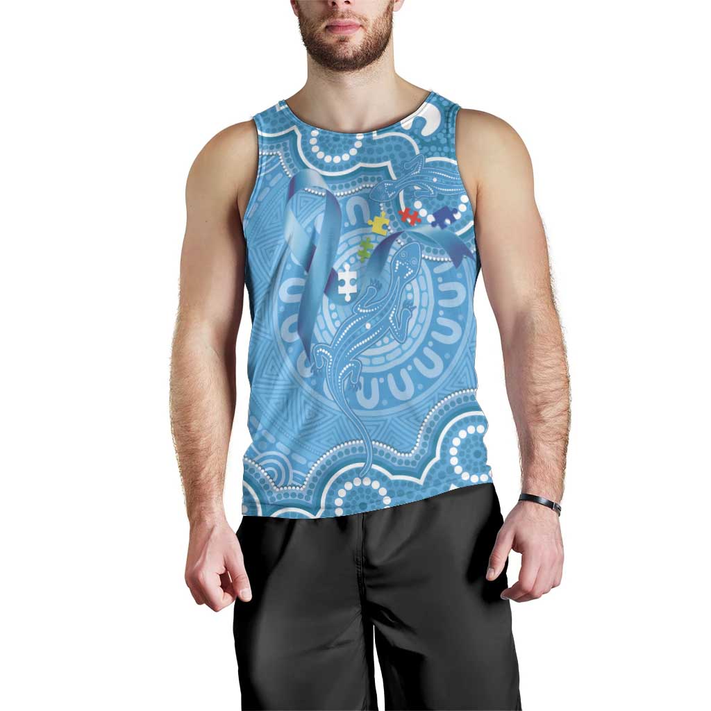 Australia Indigenous Men Tank Top Blue Ribbon Lizards Autism Awareness - Aussie Hoodie
