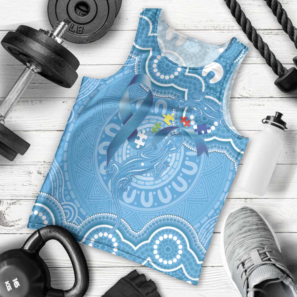 Australia Indigenous Men Tank Top Blue Ribbon Lizards Autism Awareness - Aussie Hoodie